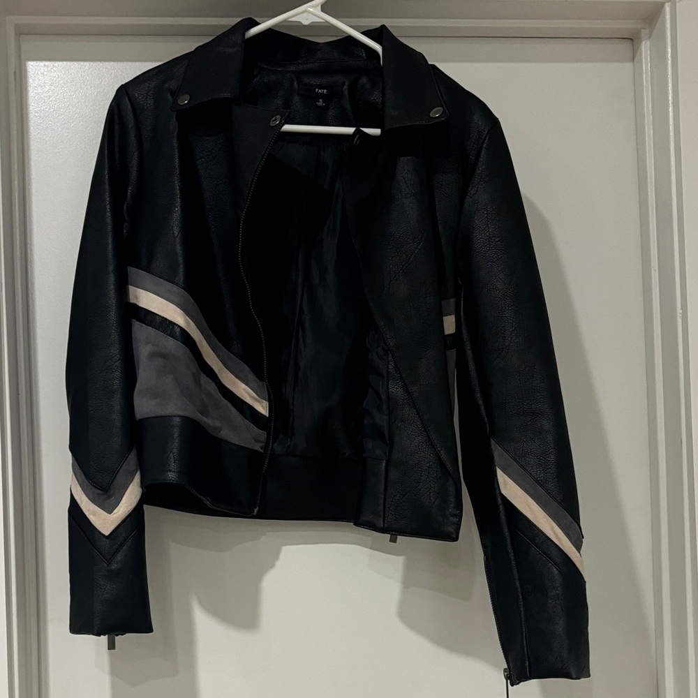 Fate Black Leather Jacket with Cream and Gray Stripes